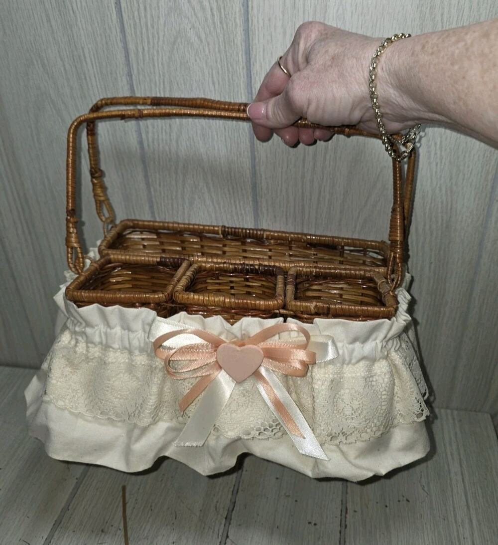 Vintage Wicker Basket Storage Caddy Silverware Picinic Organizer Heart Lace Bow